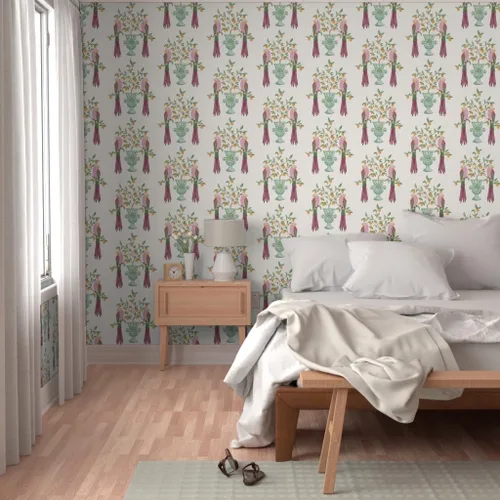 Vista 5 de Muestra de papel tapiz extraíble – Pájaros botánicos tropicales loro cítrico floral caprichoso vid hojas naranja limón italiano personalizado