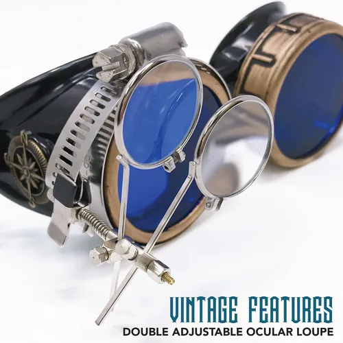 Vista 3 de Lentes estilo victoriano Steampunk con diseño de brújula, lentes de colores y lupa ocular