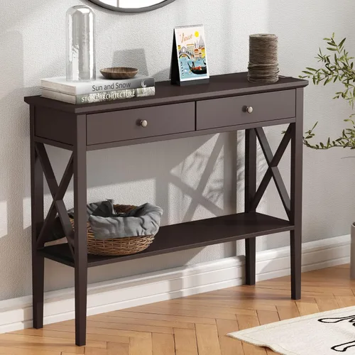 Vista 11 de ChooChoo - Mesa de entrada de granja de 39 pulgadas con cajones y estante de almacenamiento 11.8"D x 39.4"W x 31.5"H, Console Table, Sofa Table