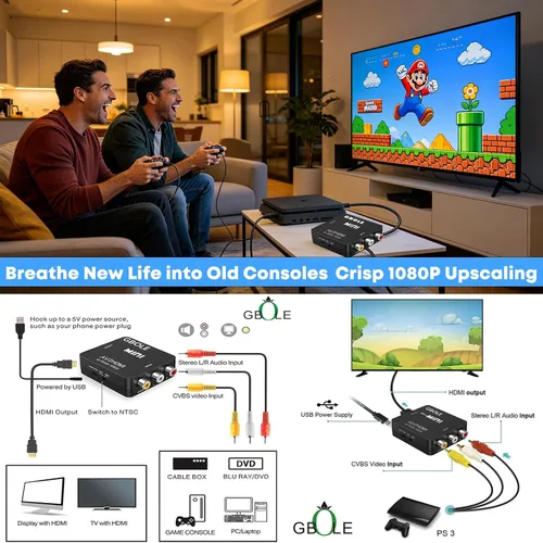 Vista 3 de RCA a HDMI AV a HDMI Convertidor 1080P Mini RCA compuesto CVBS Video Audio Converter Adapter Supporting PAL NTSC with USB Charge Cable for PC