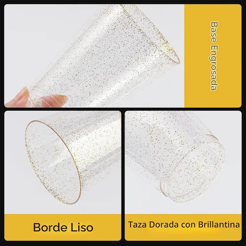 Vista 4 de Goodluck 50 vasos de plástico con purpurina dorada de 10 onzas, vasos desechables con purpurina, elegantes vasos de cóctel de plástico, vasos