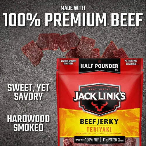 Vista 5 de Jack Link's Carne seca de ternera, teriyaki, bolsa grande de cecina de media libra, aperitivo de carne sabrosa, aperitivos de proteína listos