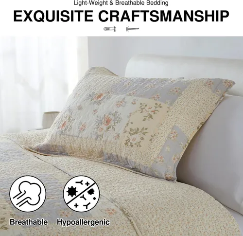 Vista 4 de DDUOXIN - Colcha reversible tamaño King de 100 % algodón, colcha floral a cuadros 120x120 Quilted Bed Spread with 2 Pillow Shams, Farmhouse