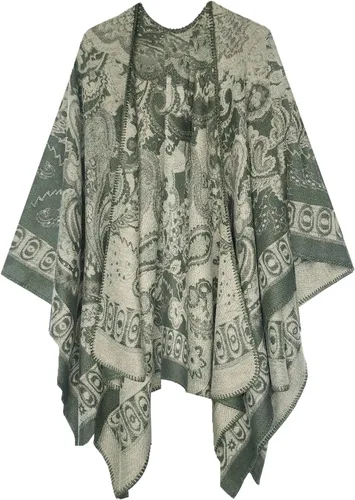 Vista 26 de Chal estilo poncho de frente abierta con patrón vintage para mujer, abrigo de invierno Serie 15-negro