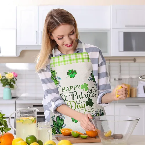 Vista 7 de Whaline Delantales del día de San Patricio, delantales de cocina ajustables con trébol de acuarela, delantales de cocina de trébol verde