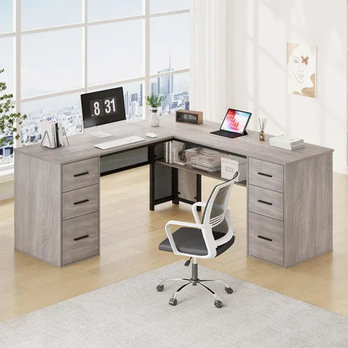 Vista 10 de HSH Escritorio negro en forma de L con cajones, escritorio de esquina con Roble negro