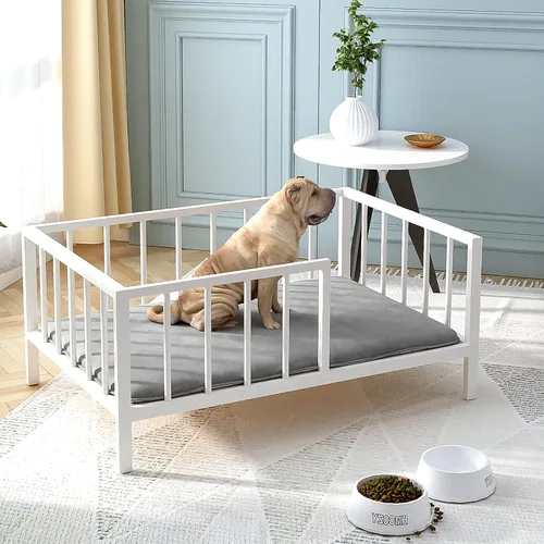 Vista 11 de OSCHF Cama para perros con rieles, marco de cama elevado de metal para mascotas con tablero de madera maciza y tapete suave lavable para perros