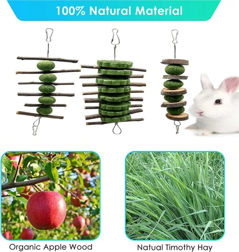 Vista 6 de BallHull 3 piezas de juguetes masticables para moler dientes de conejo, ramas de manzana, palitos de masticar con bola de hierba y pastel de hierba