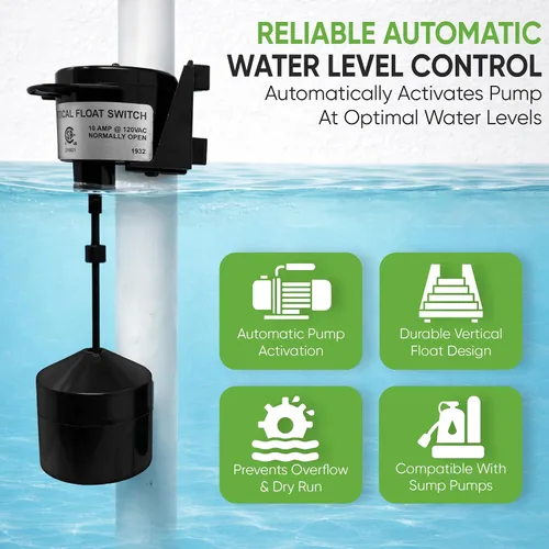 Vista 4 de PumpSpy Interruptor de flotador vertical para bombas de sumidero – Reemplazo de interruptor de bomba universal con cable de 10 pies, control