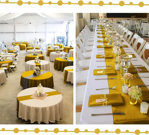 Vista 6 de Paquete de 20 caminos de mesa dorados de satén de 12 x 108 pulgadas de largo para bodas, decoraciones para fiestas de cumpleaños, banquetes