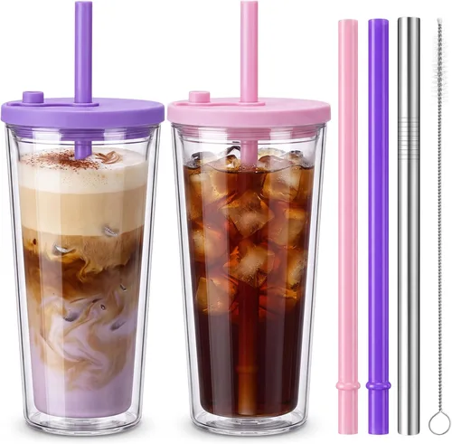 Vista 9 de Honeydak Paquete de 2 Tazas Reutilizables de 16oz para Café Helado con Tapas, Impermeables y de Pared Doble Aislada, Vaso de Café Helado de Plástico