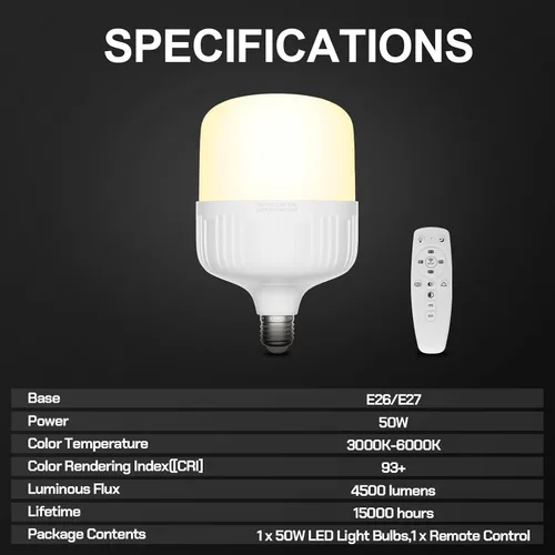 Vista 7 de EMART Bombilla de espectro completo, atenuación de 50 W, lámpara LED de 3000 K-6000 K para kit de iluminación Softbox, estudio de fotografía, hogar