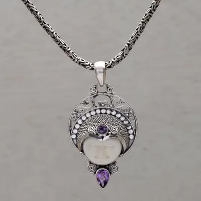 Vista 5 de NOVICA Collar hecho a mano con colgante de amatista de plata de ley 925 de Bali Purple Indonesia piedra natal 'Lunar Queen', Plata esterlina