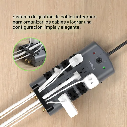 Vista 6 de Regleta giratoria con protección contra sobretensión y protección para teléfono con cable de 6 pies de Belkin Estándar Gris