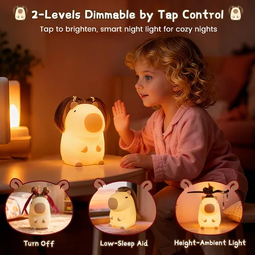 Vista 4 de Linda luz nocturna de capybara con peinado DIY, lámpara de silicona esponjosa, luz nocturna para habitación infantil, lámpara de mesita recargable