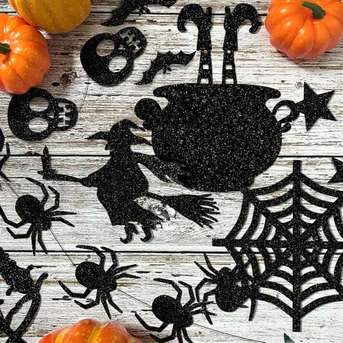 Vista 2 de Guirnalda colgante de Halloween negra con purpurina, fantasmas, brujas, murciélagos, arañas, casa encantada, gato y más, suministros de fiesta