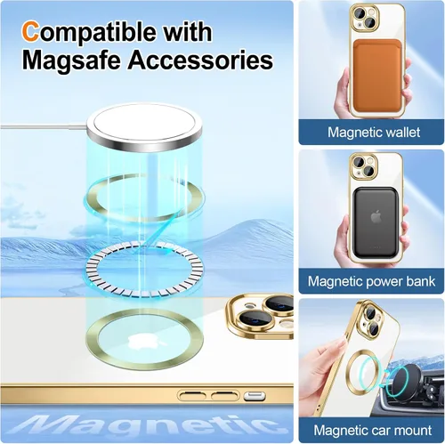 Vista 29 de Hython para iPhone 15 Plus Funda con chispas brillantes, Fundas transparentes magnéticas con protector de lente de cámara [Compatible con MagSafe]