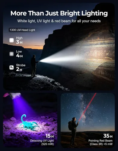 Vista 3 de Linterna de bolsillo EDC recargable de 1300 lúmenes, linterna LED magnética plana y con clip con foco 5 en 1/UV/haz rojo/reflector para campamento