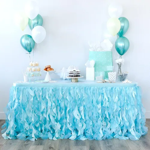 Vista 14 de Falda de mesa tutú azul. Falda de mesa de 6 pies con sauces de organza de doble capa para decoraciones bajo el mar, decoración de primer cumpleaños