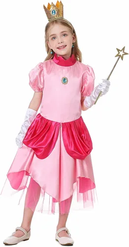 Vista 9 de Antbutler Disfraz de melocotón para niñas, vestido de durazno de súper princesa, disfraz de Halloween con corona de accesorios