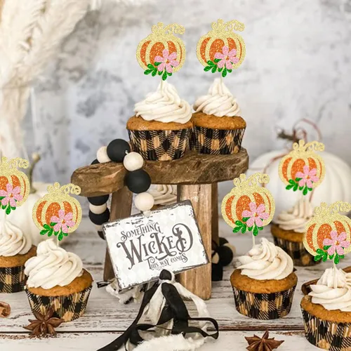 Vista 4 de 24 adornos de calabaza para cupcakes con purpurina para otoño, hojas, flores, calabaza, cupcakes, decoración de pasteles para Halloween, decoración