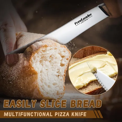 Vista 6 de Freelander Juego de 4 cuchillos para pizza con cuchillas afiladas de acero inoxidable, diseño forjado de espiga completa, mango ergonómico