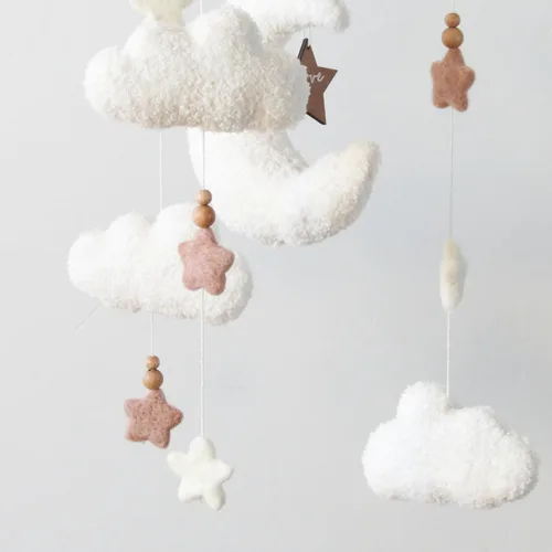 Vista 4 de Móvil para cuna Cloud para niñas y niños, Boucle Cloud Baby Mobile para cuna Neutral Boho Nursery Mobile, estrellas y luna Marrón (Coffee 3)
