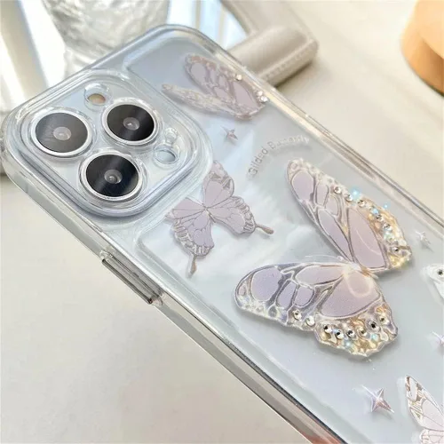 Vista 6 de Casechics Compatible con funda para iPhone, de lujo, transparente, con bonito diseño de mariposa, correa para pulsera, cadena, transparente, suave