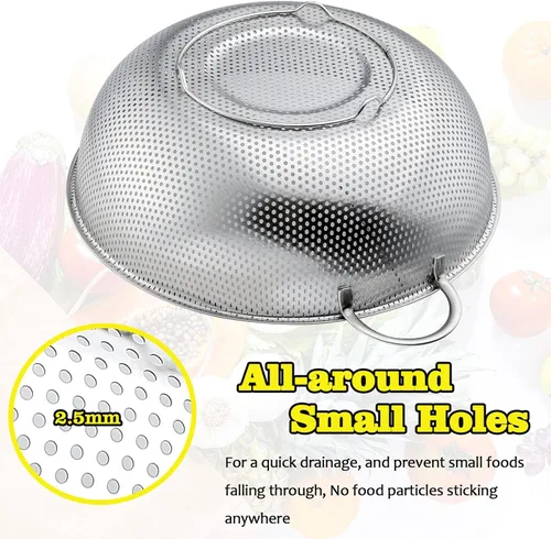 Vista 5 de P&P CHEF Colador de acero inoxidable, colador de alimentos microperforado con asa para lavar y drenar, ideal para pasta, frutas, verduras, apto
