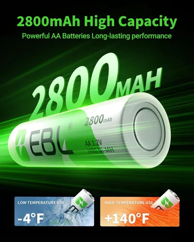 Vista 3 de EBL AA 2800mAh Baterías recargables Ni-MH de alto rendimiento, paquete de 4