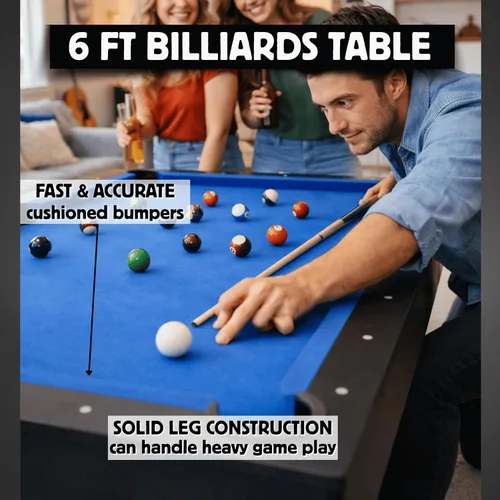 Vista 3 de Mesa de billar de 6 pies, sin montaje, portátil, incluye accesorios para mesas de billar, 2 tacos de piscina, juego de bolas, triángulo, cepillo