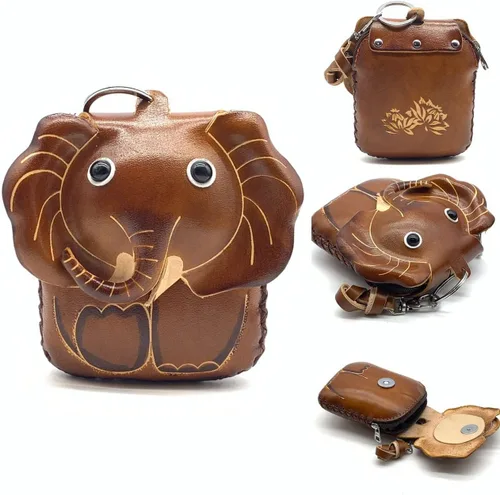 Vista 5 de Handmade Vintage Genuine Leather 3D Animal Elephant Coin Purse With Removable Wrist Strap (Brown)