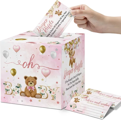 Vista 7 de skuhyyg 50 boletos para rifas de pañales con caja de juego para baby shower, oso azul, oso rosa, letrero de sorteo de pañales, con texto en inglés