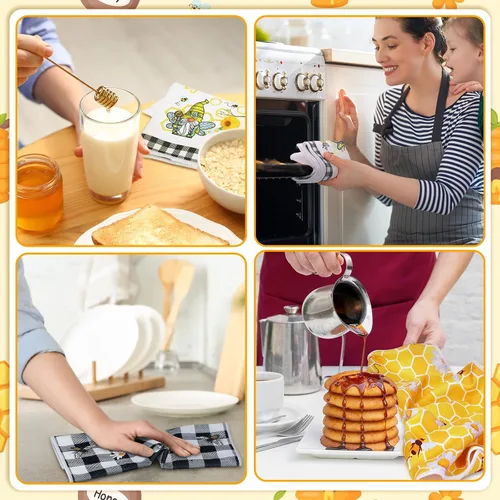 Vista 6 de Kajaia 4 toallas de cocina de abeja, diseño de abeja de miel, decoración de cocina, gnomo, sol, tela de verano, regalo de verano, paño absorbente
