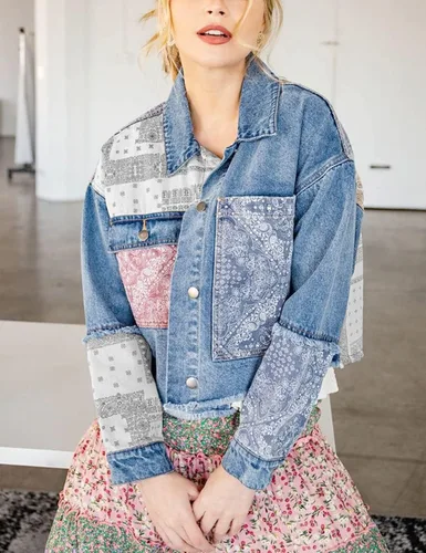 Vista 2 de happlan Women's Patchwork Cropped Casual Jacket in Washed Denim