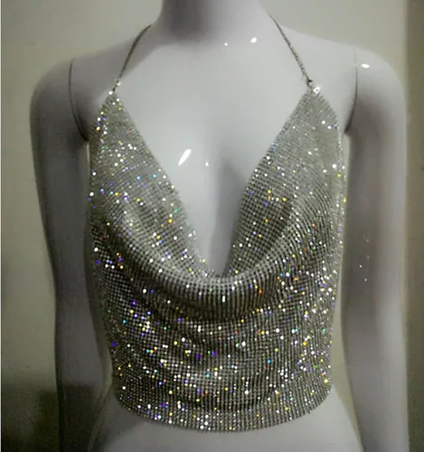 Vista 4 de RARITYUS Camiseta sin mangas sexy con lentejuelas brillantes para mujer, cuello en V profundo, camiseta corta para discoteca, fiesta, rave