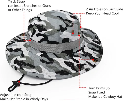 Vista 3 de Sombrero de protección solar de ala ancha para exteriores clásico estilo militar de combate de EE UU gorra de sol para pesca caza campamento