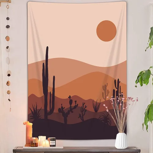 Vista 2 de Tapiz moderno de mediados de siglo, bohemio, de cactus, de montaña, abstracto, vertical, arte de paisaje del desierto, minimalista, amanecer