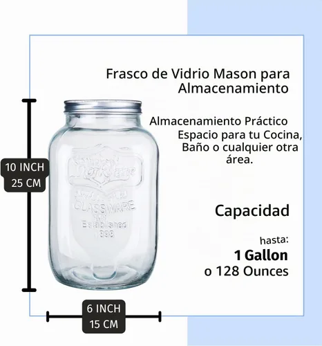 Vista 2 de Diamond Star Tarro Mason de 1 galón con tapa de lata cepillada, recipientes grandes de vidrio de boca ancha para conservas de alimentos