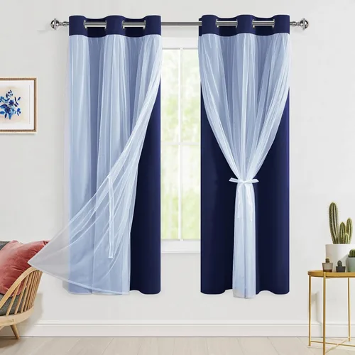 Vista 50 de Hiasan Cortinas opacas con superposición transparente, aislamiento térmico para mezclar y combinar de doble capa, cortinas de oscurecimiento de Beige