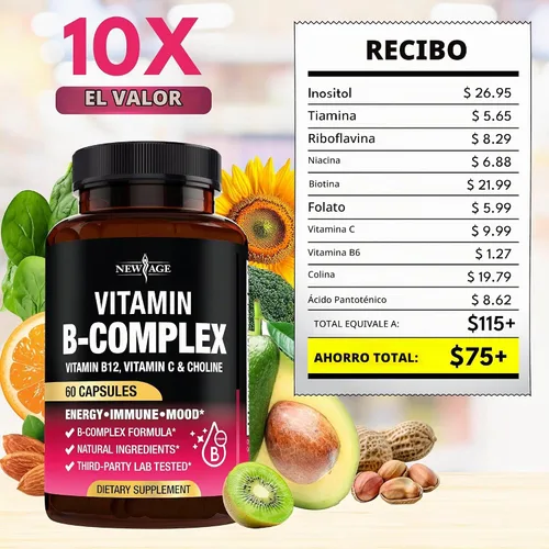 Vista 6 de Complejo de vitamina B para hombres y mujeres - Hecho en Estados Unidos - Complejo B: B1, B2, B3, B5, B6, B7, B8, B9, B12 con vitamina C, colina