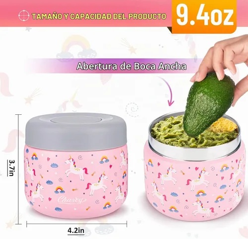 Vista 3 de Charcy 9 oz Tarro de alimentos aislado de acero inoxidable para niños, termo de sopa con boca ancha a prueba de fugas, juego de contenedores para 8h