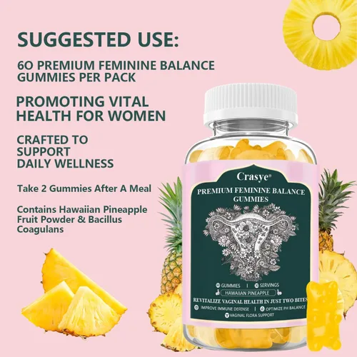 Vista 5 de Gomitas de equilibrio femenino prémium para el equilibrio de pH y salud vaginal, probióticos, piña hawaiana, gomitas femeninas para mujeres, área