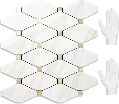 Vista 30 de STICKGOO 1 hoja de salpicaduras de pared para despegar y pegar, adhesivos de azulejos compuestos de aluminio Calacatta, salpicaduras autoadhesivas