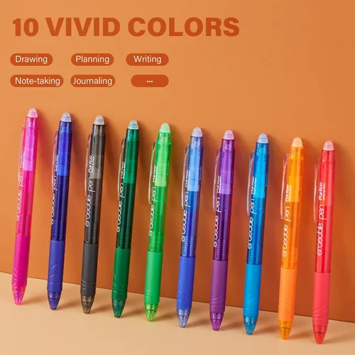 Vista 5 de ParKoo Bolígrafos de gel retráctiles borrables, punta fina de 0.028 in, tintas de colores surtidos para escritura de dibujos, paquete de 10