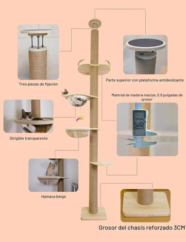 Vista 6 de Árbol para gatos del piso al techo con poste rascador de cuerda de sisal natural, altura ajustable (55-119 pulgadas), árbol de actividades