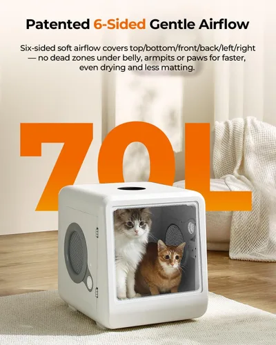 Vista 2 de Caja secadora automática de mascotas de 70 litros para gatos y perros pequeños (hasta 28 libras) - flujo de aire suave de 6 lados, 4 modos rápidos