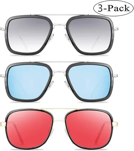 Vista 2 de Tony Stark - Gafas de sol estilo aviador retro, montura cuadrada de metal (Tony Stark del mismo color y Spiderman del mismo color), Tony Stark mismo