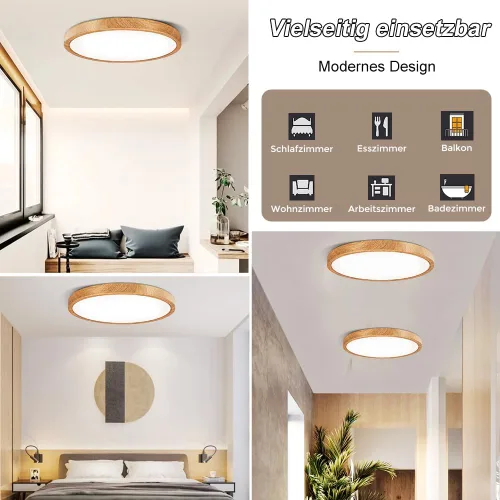 Vista 7 de LightingWill LED Ceiling Light Wood Look 24 W Diameter 30 cm, 2800 LM, 4000 K Neutral White, Round Flat, Modern Ceiling Light for Living Room