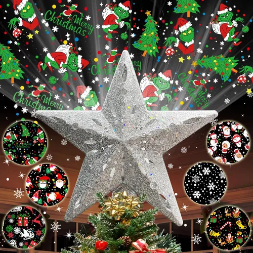 Vista 9 de Estrella para la punta del árbol de Navidad de 10 pulgadas iluminada con 6 modos de proyección, estrella iluminada para la punta del árbol